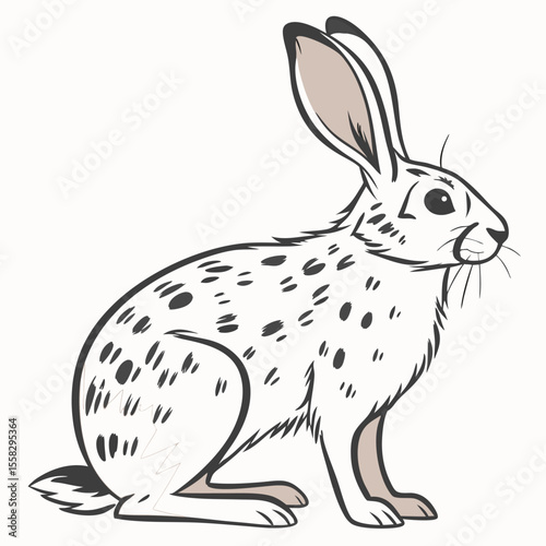 Cartoon illustration of a white hare with black spots in profile view