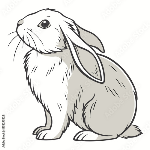 Cute Grey and White Cartoon Rabbit Illustration with Long Ears and Whiskers