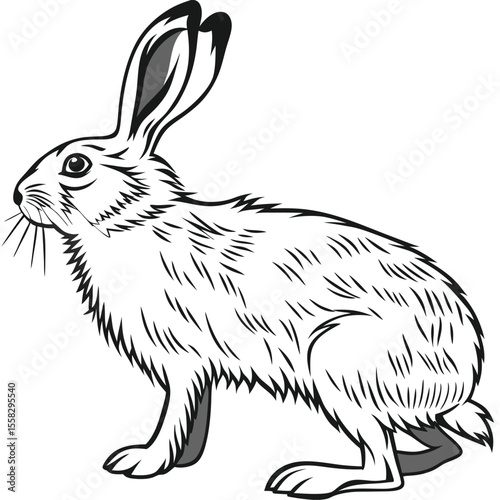 Detailed black and white drawing of a European hare in standing pose