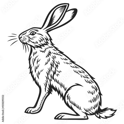 Detailed black and white line drawing of a sitting hare with long ears