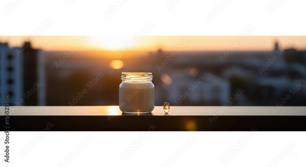 Fototapeta premium Glass jar with cream and vitamin capsule at sunset on balcony railing