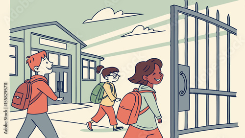Illustration of three students with backpacks walking out of school through an open gate with clouds above