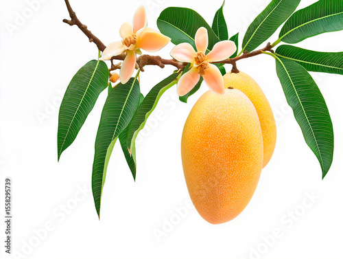 Ripe Yellow Mango Fruits with Green Leaves and Orange Blossoms on Branch