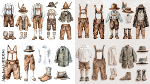 Traditional Bavarian costume set featuring watercolor illustrations of lederhosen, hats, shirts, and boots—ideal for Oktoberfest, cultural projects, or fashion collections.

