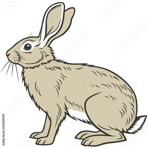 Illustration of a alert, cartoonish hare with detailed fur and long ears