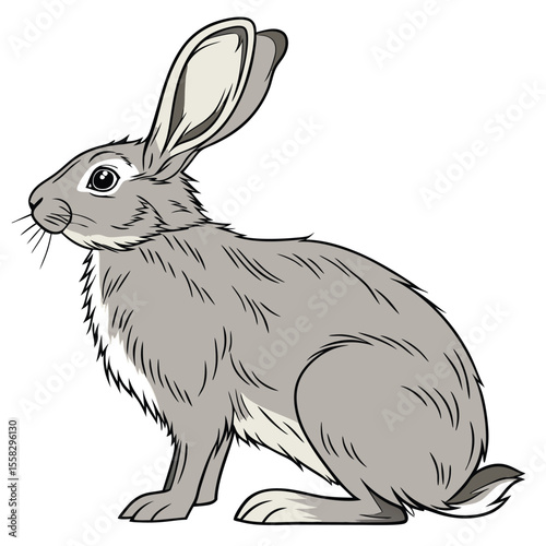 Illustration of a grey jackrabbit with long ears sitting on white background
