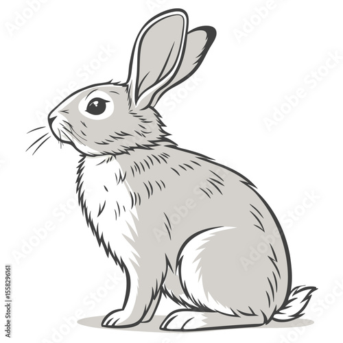 Illustration of a Light Gray Hare Sitting in Profile with Long Ears
