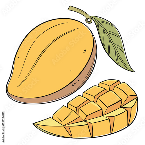 Illustration of Whole and Cut Mango with Leaf Isolated on White Background
