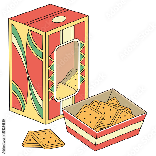Isometric illustration of a box of crackers with a few outside