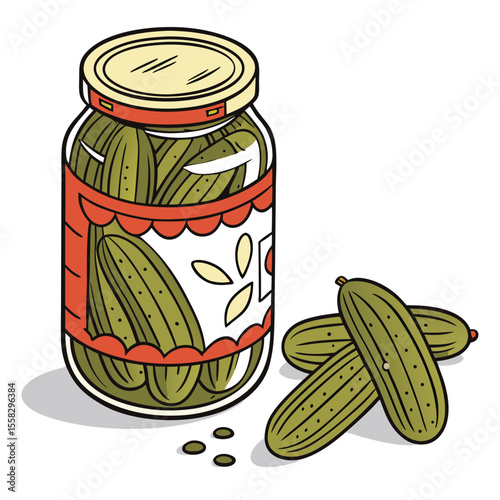 Jar of delicious looking pickles next to a few loose pickles