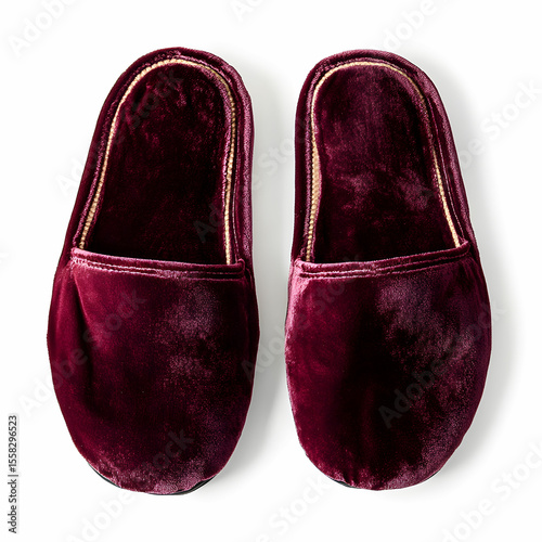 A pair of luxurious burgundy velvet slippers, showcasing their soft texture, isolated on a white background