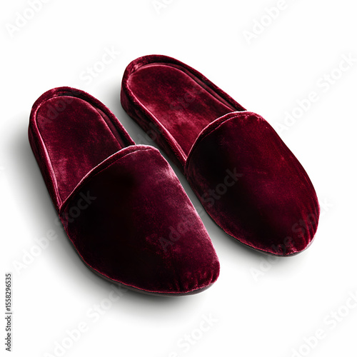 A pair of luxurious burgundy velvet slippers, showcasing their soft texture, isolated on a white background