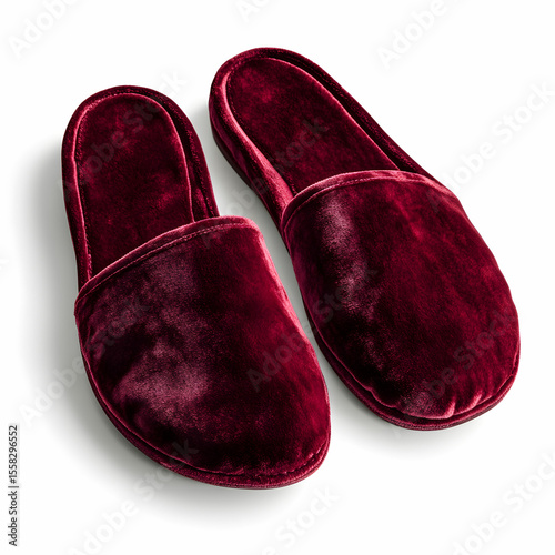 A pair of luxurious burgundy velvet slippers, showcasing their soft texture, isolated on a white background