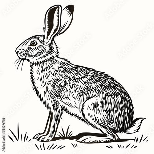 Monochrome illustration of a wild hare sitting amongst grass with tall ears
