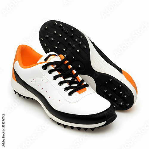 A pair of white, black, and orange professional cricket shoes, isolated on a clean white background