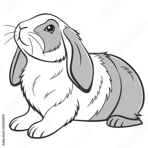 Stylized cartoon illustration of a lop eared rabbit with grey and white fur