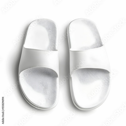 A pair of white slippers with a simple design, isolated on a clean white background