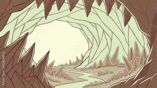 Crystal cave abstract design in vector, jagged shapes in brown and light green, glowing edge effects