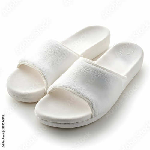 A pair of white slippers with a simple design, isolated on a clean white background