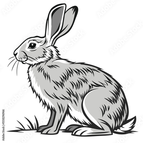 Stylized illustration of a grey hare with long ears in profile view