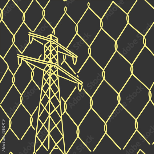 Electric wire mesh vector design, abstract grid of glowing yellow lines on dark background