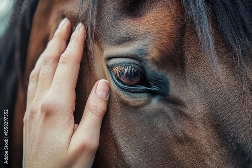 Tender Touch: Close-Up of a Female Hand Caressing the Gentle Face of a Brown Horse with Eyes Closed