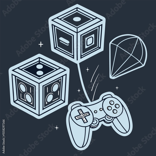 Floating isometric data cubes, blue-gray 3D shapes on black, tech vector illustration