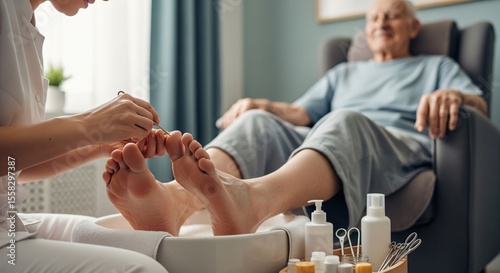 Elderly man receiving professional foot care and pedicure at home