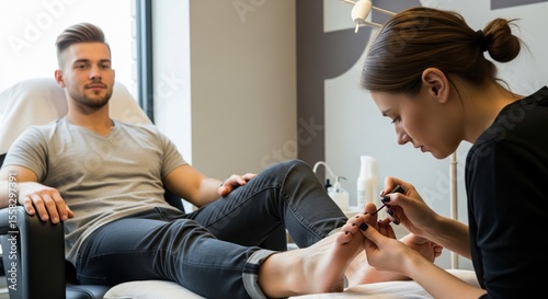 Man receiving professional pedicure with toenail polish in salon