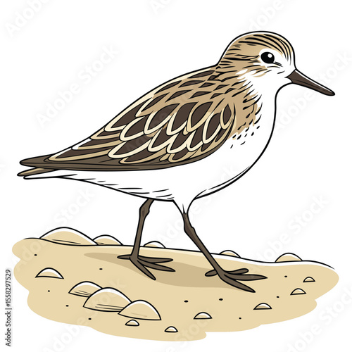 Hand-drawn vector illustration of a sandpiper on a branch, a wild shorebird by the water's edge, showcasing its beautiful plumage