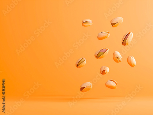 Dynamic Composition of Roasted Pistachio Nuts Falling Against an Orange Background