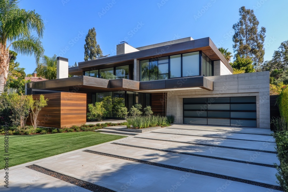 Fototapeta premium Charming Suburban House in Los Angeles: Modern Design with Expansive Driveway and Welcoming Exterior