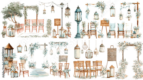 Watercolor illustrations of rustic wedding decorations including lanterns, chairs, signage, and floral arches, perfect for romantic event planning and stationery designs.

