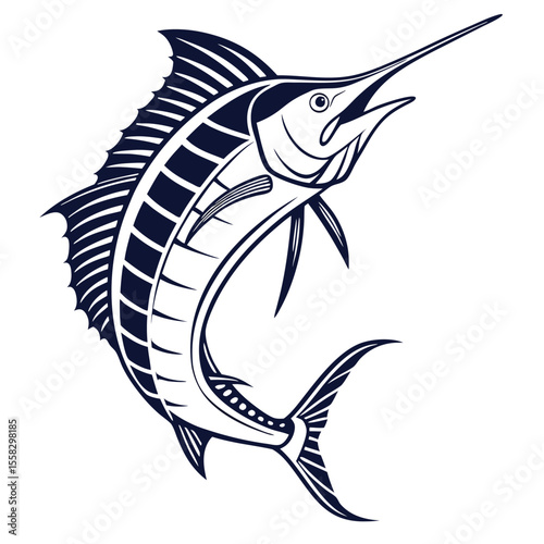 Blue marlin vector illustration: a dynamic aquatic animal jumping in the ocean, ideal for a fishing logo or marine wildlife icon
