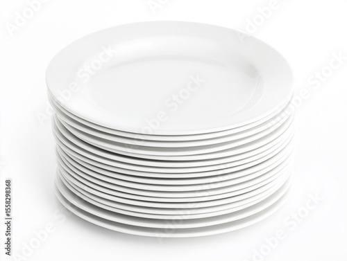 Clean Stack of Multiple White Ceramic Plates Isolated on White Background