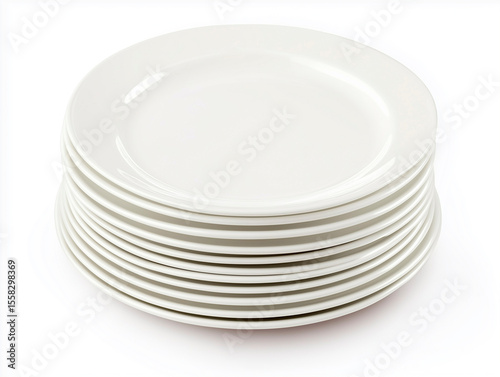 Clean Stack of Multiple White Ceramic Plates Isolated on White Background