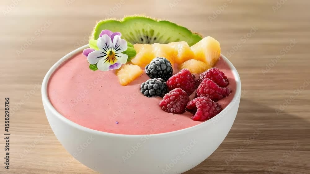 A bowl of smoothie topped with kiwi, pineapple, raspberry, blackberry, and a flower for garnish.