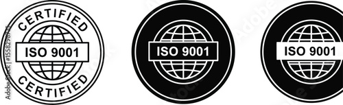 Three iso 9001 certified logos in black and white on a white background