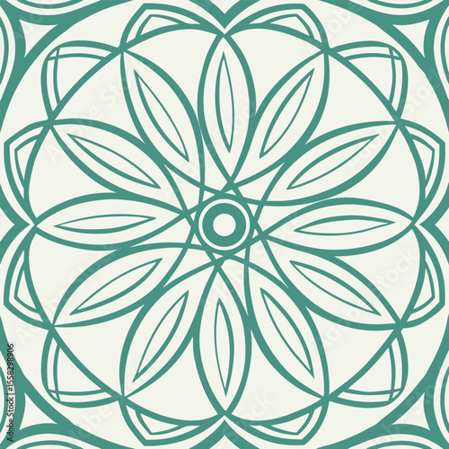 Seamless pattern with a stylized flower in teal color, composed of elongated petals arranged in a circular design