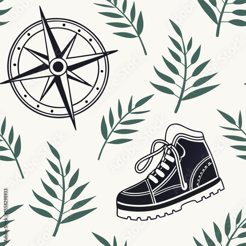 Seamless pattern with a compass, a hiking boot and green leaves on a white background