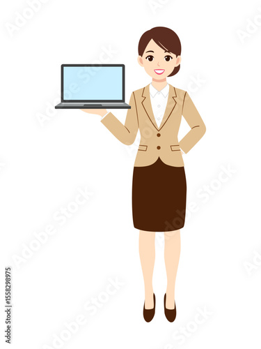 ノートPCを持つ若いスーツ女性のイラスト