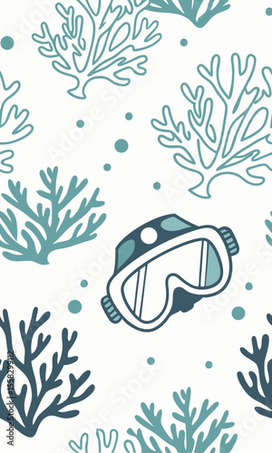 Seamless pattern with diving mask and corals on a white background, marine life, underwater world