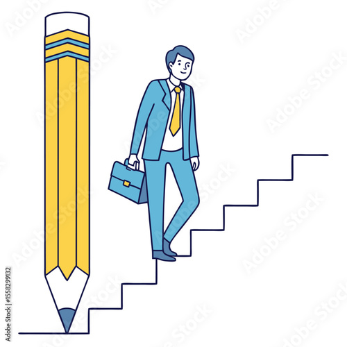 A fairskinned man holding briefcase ascends simple stairs drawn by a large pencil