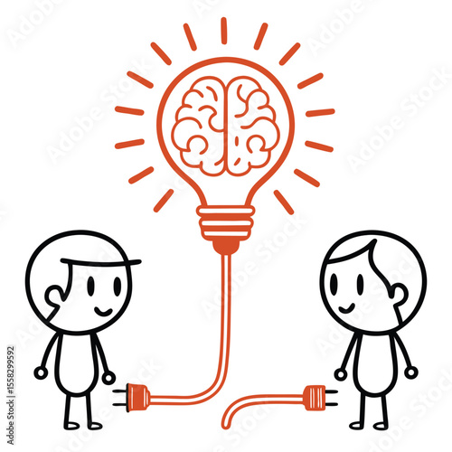 Two cartoon stick figures appear to be connecting their ideas with a brain lightbulb