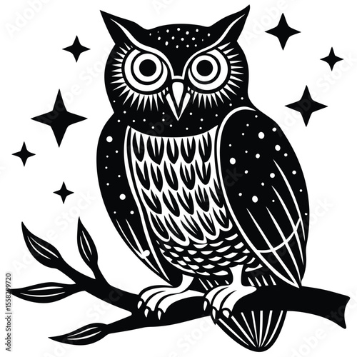 Staring owl rests on a limb amongst stars, all in black and white, transparent