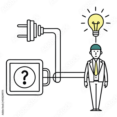 A light bulb illuminates above a simple outlined figure connected to outlet question mark