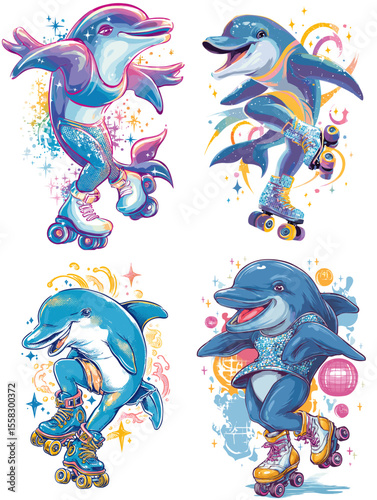 Vibrant cartoon dolphins on roller skates with sparkles and retro outfits, blending dynamic poses and playful colors for fun sports or children's character themes.

