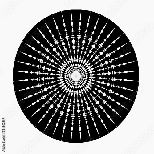 A bright geometric mandala with a multi-colored pattern. The symmetrical design radiates energy and harmony, combining sharp angles with flowing curves in a kaleidoscope of colors.
