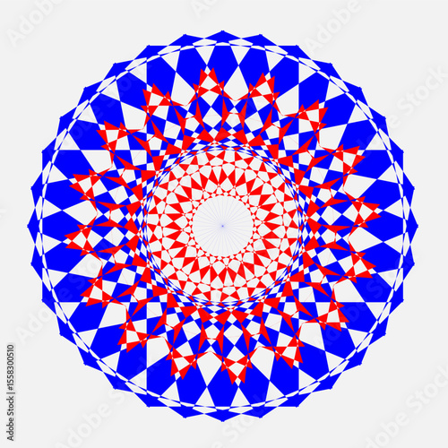 A bright geometric mandala with a multi-colored pattern. The symmetrical design radiates energy and harmony, combining sharp angles with flowing curves in a kaleidoscope of colors.
