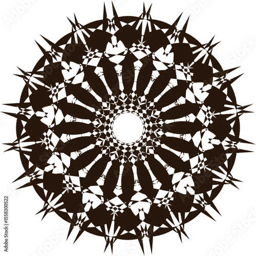 A bright geometric mandala with a multi-colored pattern. The symmetrical design radiates energy and harmony, combining sharp angles with flowing curves in a kaleidoscope of colors.
